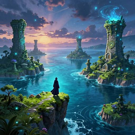 Digital fantasy artwork of a lone figure in a dark cloak standing on a cliff, overlooking glowing blue towers and islands in a vibrant, magical ocean at sunset