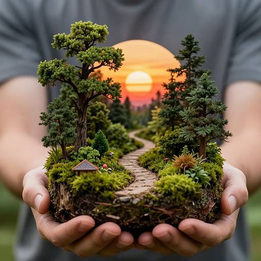 Photograph: Hands holding miniature forest with trees, moss, path, and tiny house; vibrant orange sunset in the background. Male wearing gray shirt.