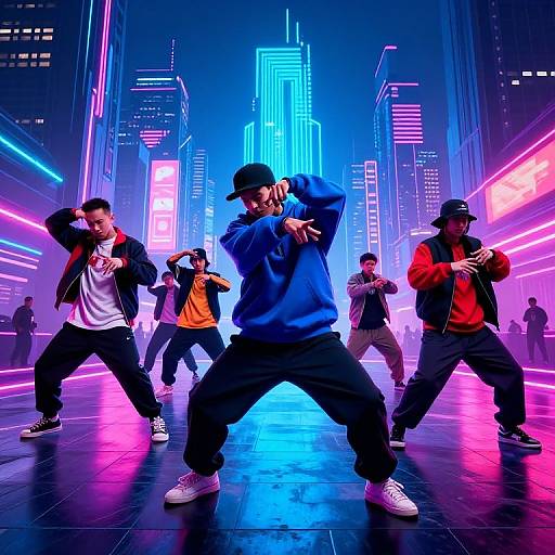 Photograph of six male dancers in neon-lit, futuristic cityscape, wearing colorful jackets, hats, and sneakers, striking dynamic poses.