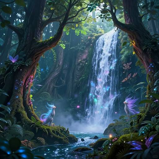 Digital fantasy art: Luminous blue-winged creatures near a glowing waterfall in a mystical forest with vibrant foliage, ethereal lights, and enchanted trees