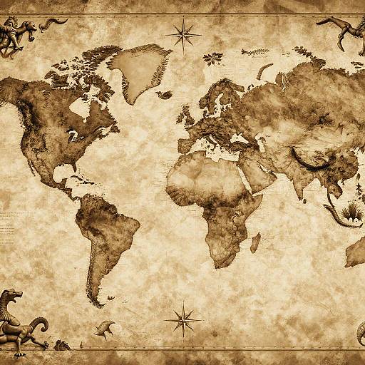 Ancient Sepia World Map with Mythical Creatures
