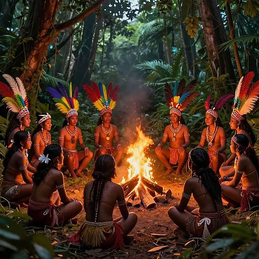 Photograph of indigenous tribe members with vibrant feather headdresses, red body paint, and traditional attire, gathered around a campfire in a dense forest.