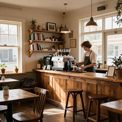 Photograph of a sunlit, cozy café with wooden furniture, a barista with curly hair in a white shirt and apron, making coffee behind