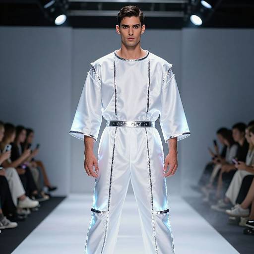 Male model on runway wearing a white, long-sleeved, satin robe with black trim and belt, dark hair, serious expression, dimly lit