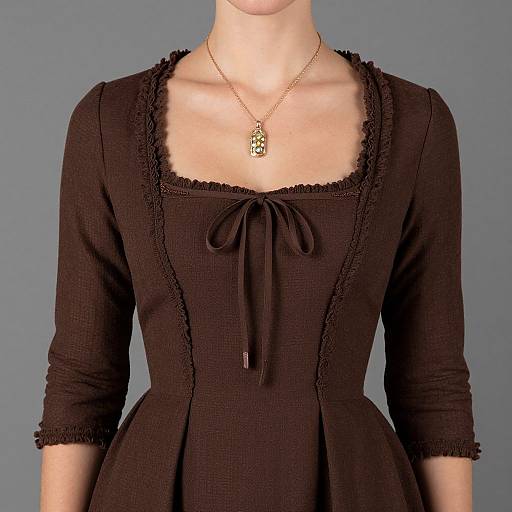 Photograph of a woman's torso in a dark brown, long-sleeved, lace-trimmed dress with a square neckline and bow tie,