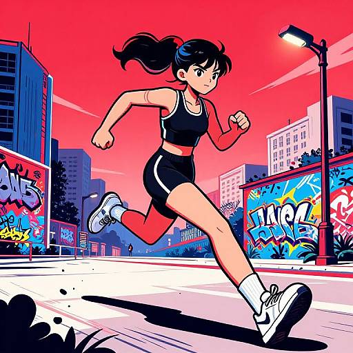 Digital anime-style illustration of a determined young woman in a black sports bra and shorts, running through a vibrant, graffiti-covered urban street at sunset.