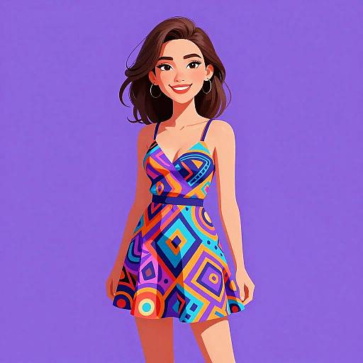 Digital illustration of a smiling woman with medium-length brown hair, wearing a colorful geometric-patterned dress, standing against a solid purple background.