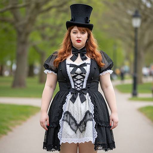 Photograph of a fair-skinned redhead woman in a black Victorian maid outfit with lace, black corset, and top hat, standing on a park