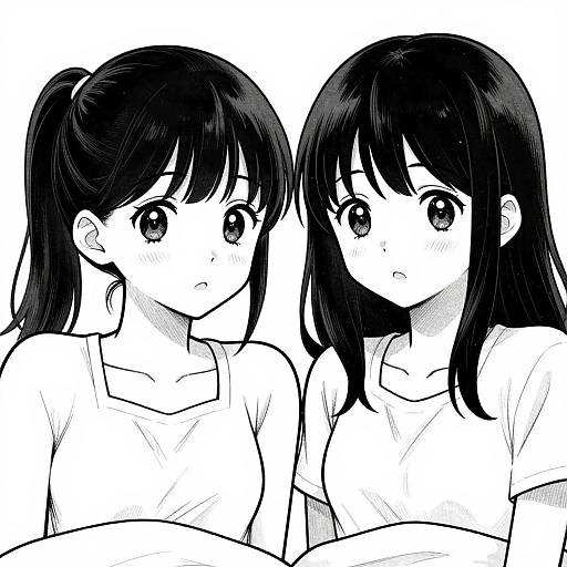 Black-and-white manga-style drawing of two anime girls with large, expressive eyes and black hair, wearing simple shirts, looking at the viewer.