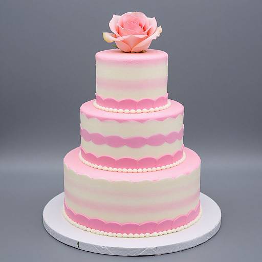 Photograph of a three-tiered pink and white fondant cake with scalloped pink borders, pearl-like white dots, and a pink rose on