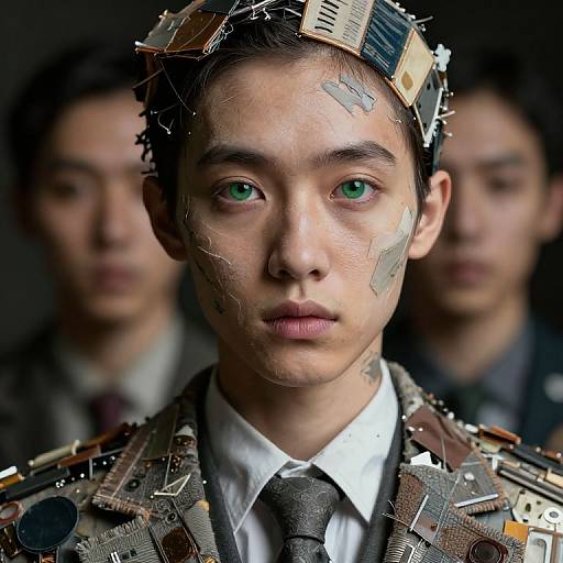 Cyberpunk portrait of a young Asian man with green eyes, mechanical headgear, and patchwork armor, blurred background, intense gaze.