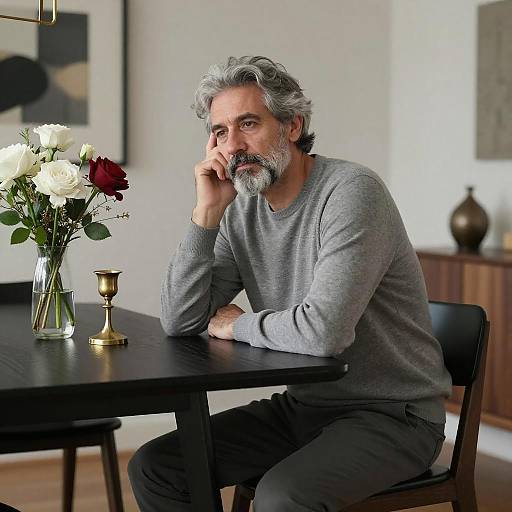 Thoughtful Middle-Aged Man at Dining Table