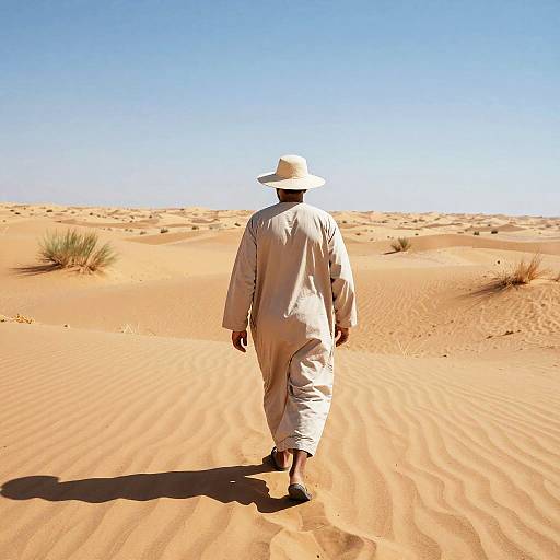 Man Walking in Desert with Wide-Brim Hat