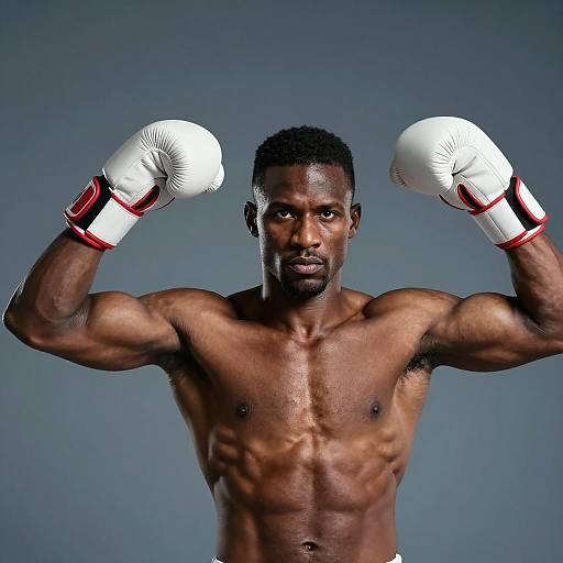 Muscular Black Man Flexing with Boxing Gloves