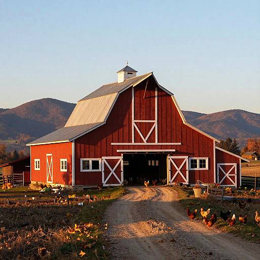 Sunlit Red Barn in Autumn