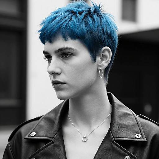 Photograph of a androgynous person with short, vibrant blue hair, wearing a black leather jacket, hoop earrings, and a silver necklace,