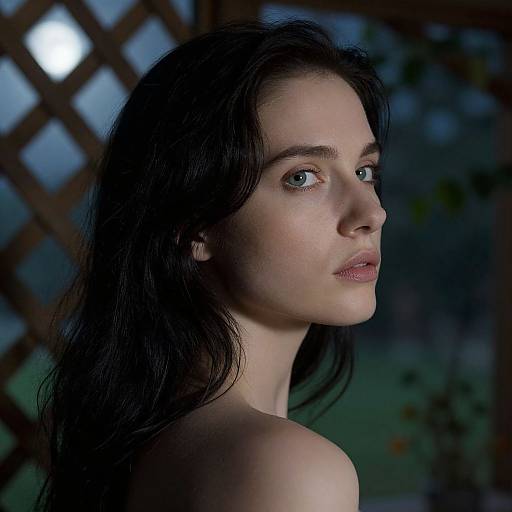 Photograph of a fair-skinned woman with black hair, blue eyes, and pink lips, looking over her shoulder, against a dark, blurred garden