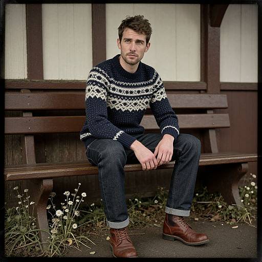 Photograph of a Caucasian man with short brown hair, beard, wearing a navy knit sweater with white patterns, dark jeans, brown boots, sitting on