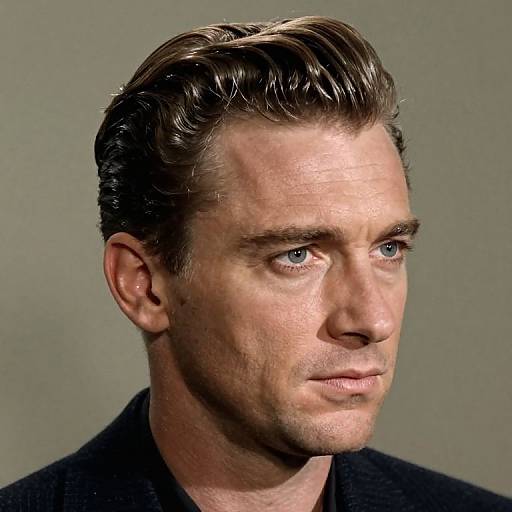 Photorealistic CGI portrait of a handsome, serious-looking man with blue eyes, light skin, and slicked-back brown hair, wearing a black jacket