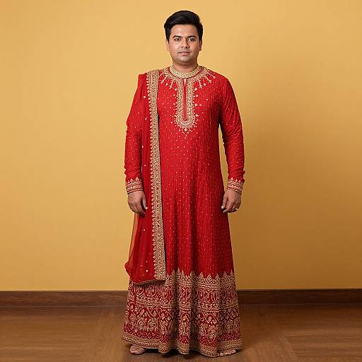 Photograph of a South Asian man in a traditional red sherwani with gold embroidery, standing against a yellow background, wearing ornate red and gold