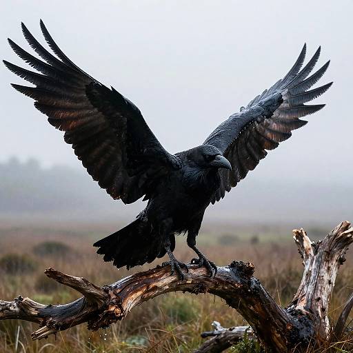 Photograph of a black crow with wings spread wide, perched on a weathered, gnarled tree branch in a misty, grassy