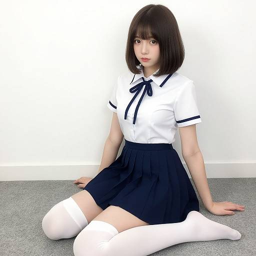 Photograph of a young Asian woman with shoulder-length black hair, wearing a white short-sleeve school uniform top, black pleated skirt, white