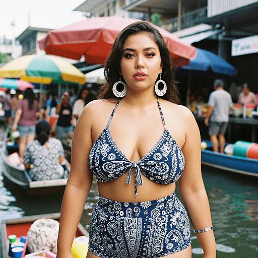 Photograph of a curvy Latina woman with long dark hair, wearing a blue and white patterned bikini top and matching high-waisted bottoms,