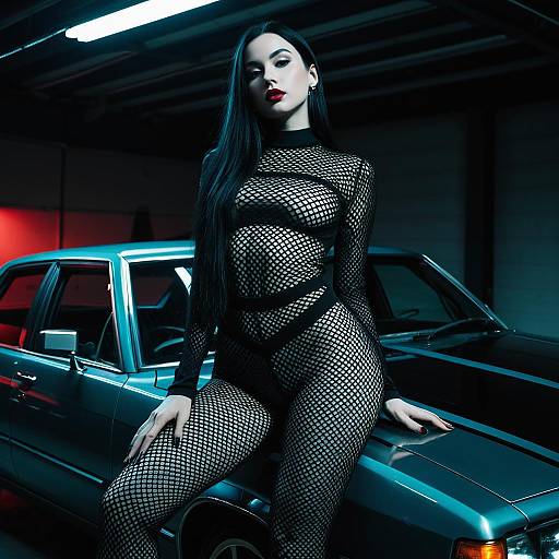 Woman in Black Fishnet Dress Posing on Classic Car