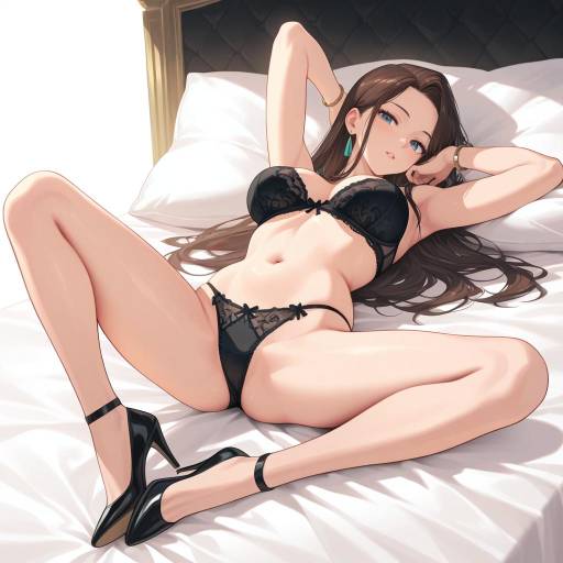 Anime Woman in Black Lingerie on Bed