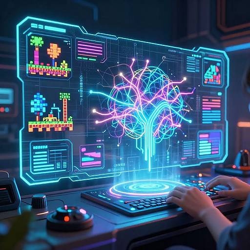 Photograph of a futuristic control room with neon blue and pink holographic tree on a computer screen, hands typing below.