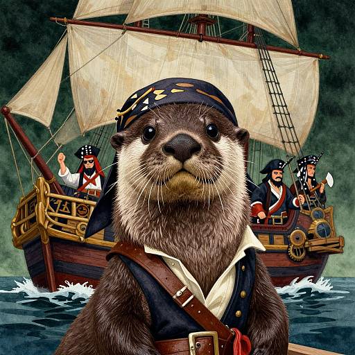 Digital illustration of a cute otter dressed as a pirate with a tricorn hat, standing in front of a wooden pirate ship with sailboats and pirate