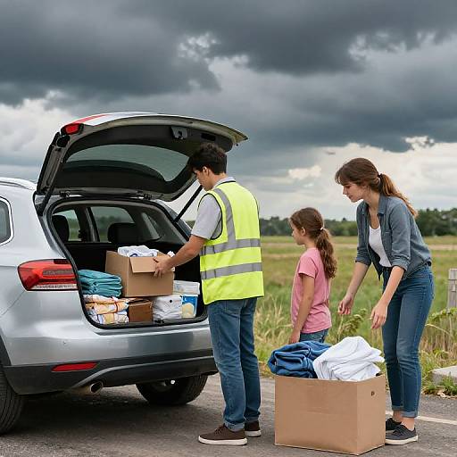 Family Evacuating Amidst Ominous Sky