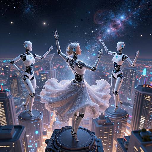 Photorealistic CGI: Three robotic ballerinas in white tutus dance on skyscrapers against a starry, neon-lit cityscape at