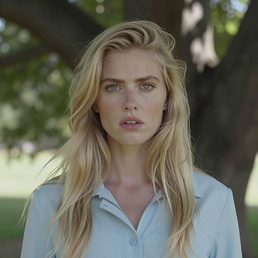 Serious White Woman Among Green Foliage
