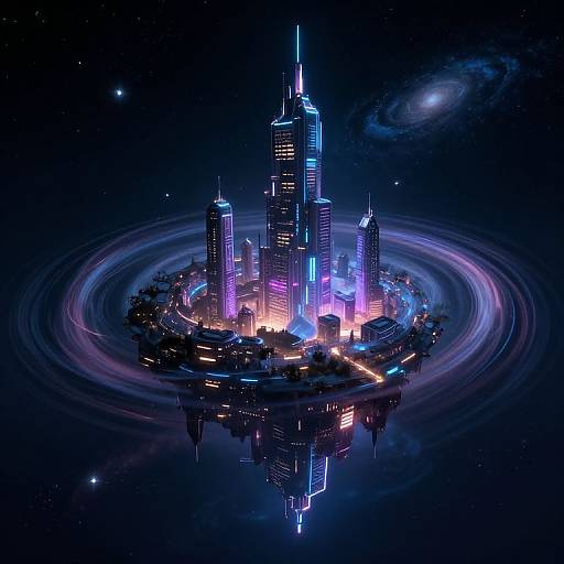 Digital artwork of a futuristic city island with neon-lit skyscrapers, surrounded by glowing rings, reflecting in a starry space.