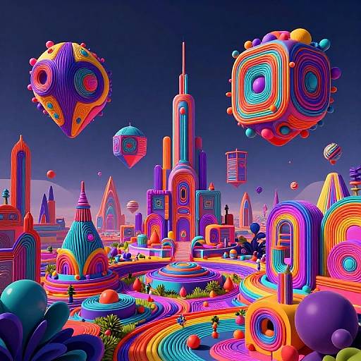Vibrant, surreal digital art of a neon-lit, psychedelic cityscape with floating, colorful, geometric spheres and intricate, rainbow-striped architecture under