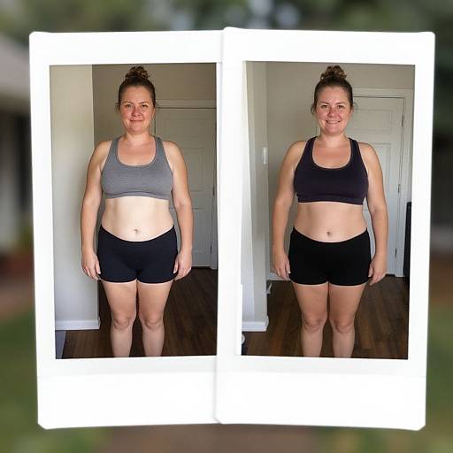Side-by-side photograph of a plus-sized woman with light skin, brown hair in a bun, wearing gray sports bra and black shorts, standing indoors with