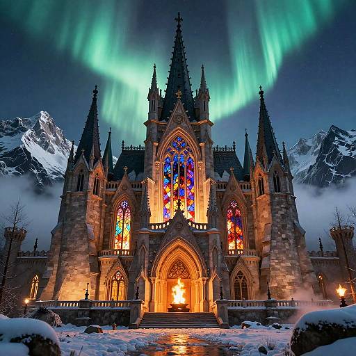 Photograph of a Gothic-style castle illuminated by aurora borealis, with colorful stained glass windows, snow-covered grounds, and mountain peaks in the background