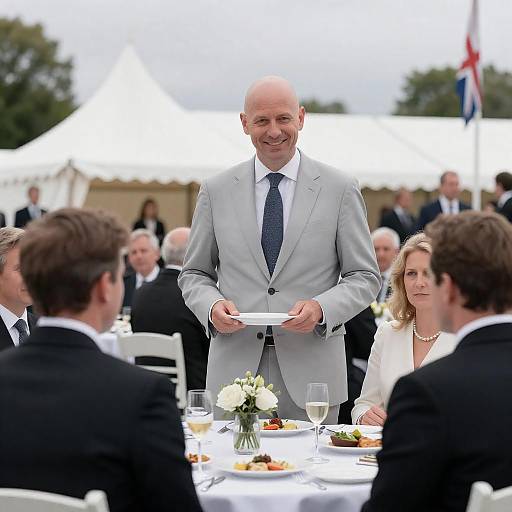 Formal Outdoor Event with Man in Gray Suit