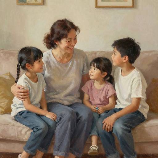 Digital painting of a smiling woman in a white shirt, sitting on a beige couch with three children, two boys and a girl, in casual clothes,