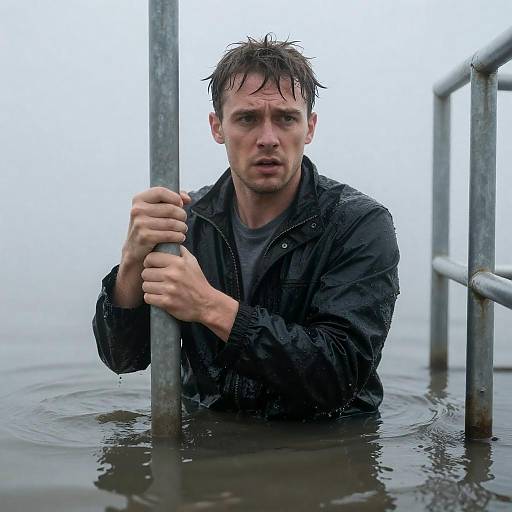 Man in Puddle with Worried Expression