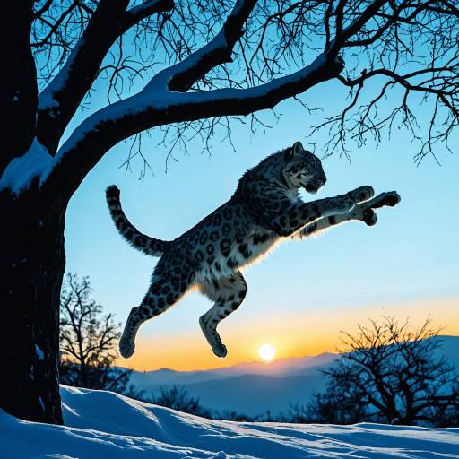Snow Leopard Jumping at Sunset