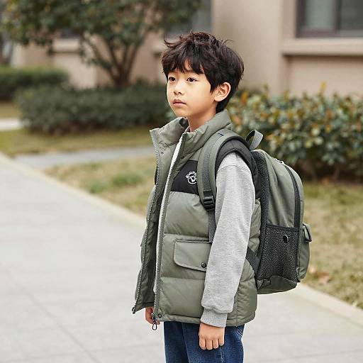 Boy Wearing Puffer Vest and Backpack Outdoors
