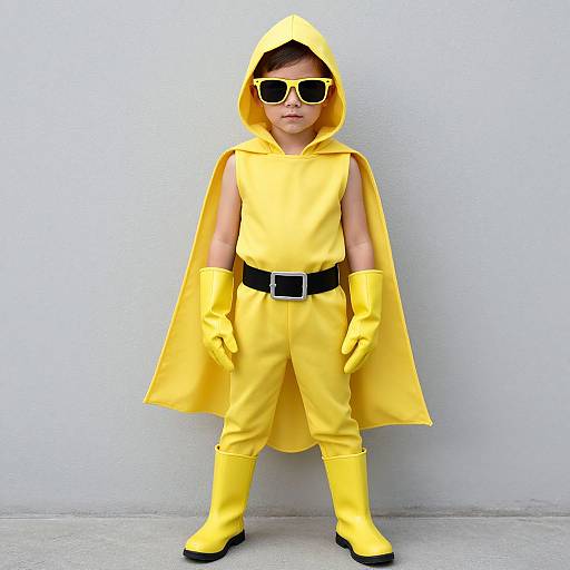 Photograph of a young child in a bright yellow superhero costume with hood, gloves, cape, boots, black belt, and white sunglasses, standing against