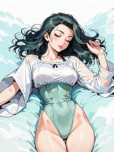 Fantasy Girl in High-Waist Swimsuit and Oversized Beach Blouse