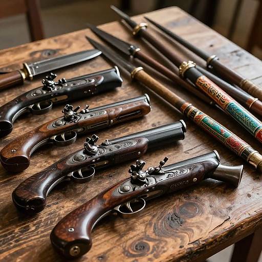 Photograph of six intricately engraved, wooden-handled, antique pistols and three ornate, patterned pipes on a rustic, wooden table.