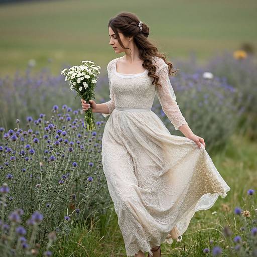 Photograph of a smiling woman with long brown hair in a white lace wedding dress, holding a bouquet of white flowers, walking through a field of blue