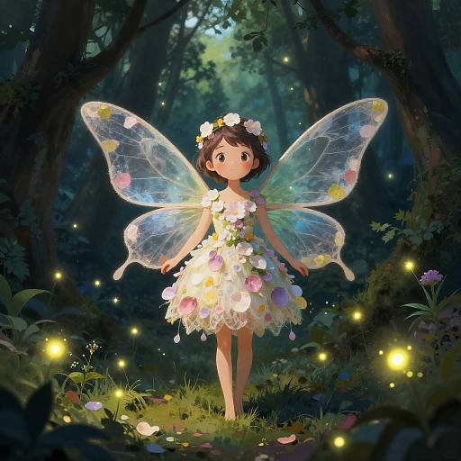 Digital anime-style illustration of a fairy girl with translucent, colorful wings, wearing a flower dress and crown, standing in a glowing forest with fireflies.