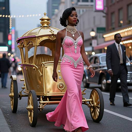 Elegant Woman with Golden Chariot at Dusk