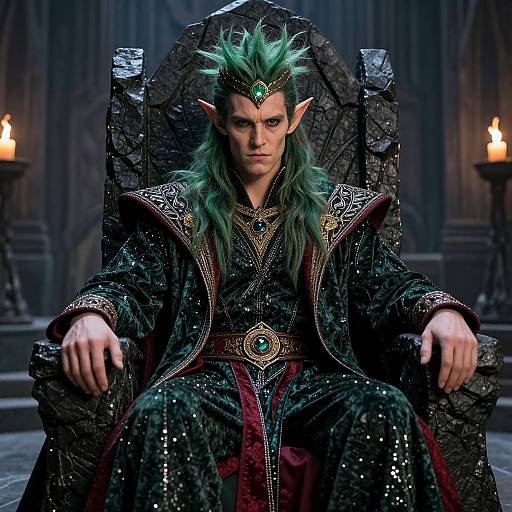 Photograph of a green-haired, elf-like man with pointed ears, wearing a dark, ornate, jeweled robe and crown, seated on a